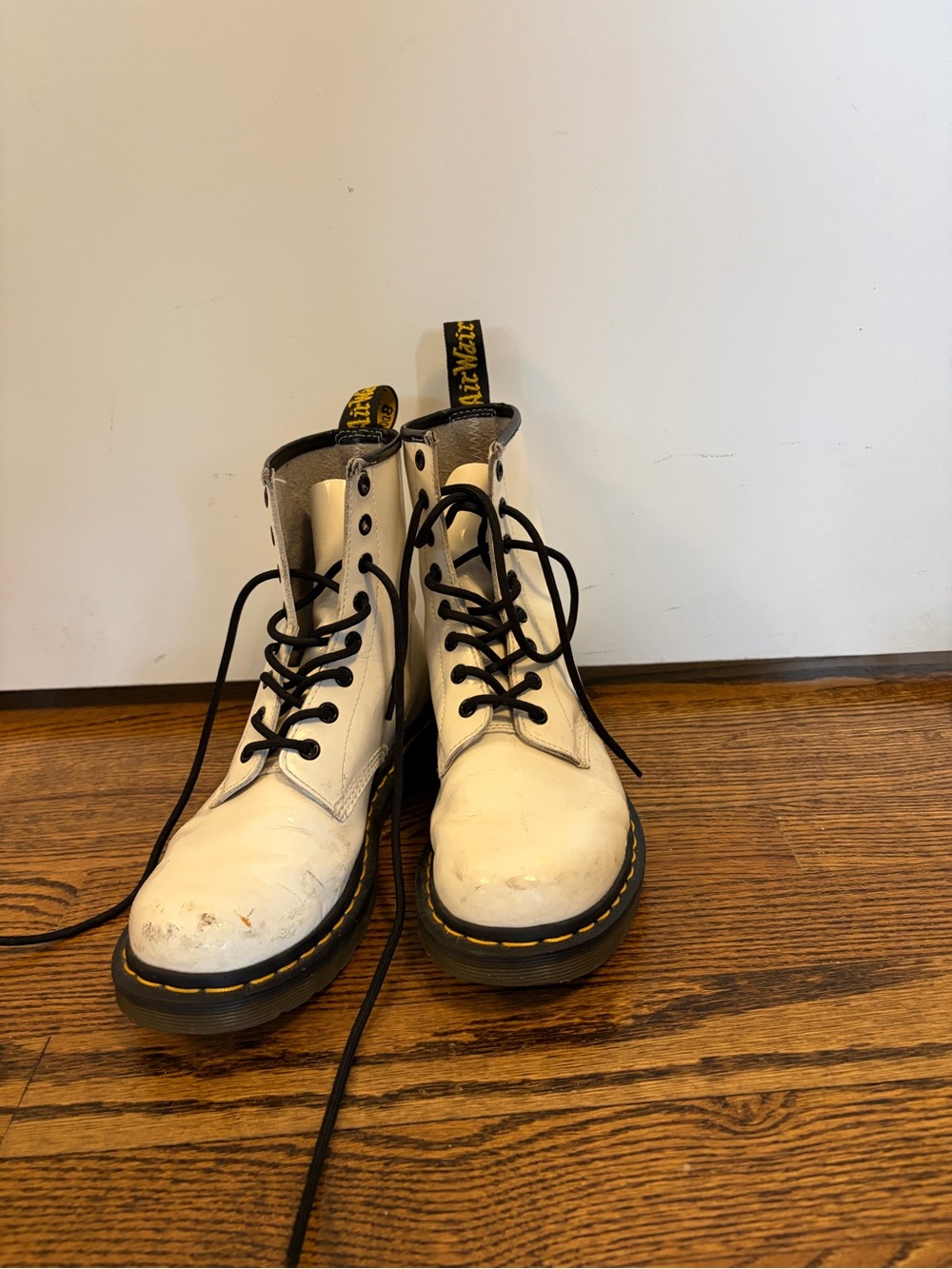 Dr. Martens White Lace-Up Combat Boots with Yellow Heel Loop